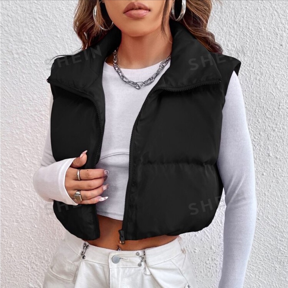SHEIN | Cropped Zip-Up Vest Black Size Small
